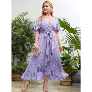 Plus Ditsy Floral Belted Ruffle Wrap A-line Dress