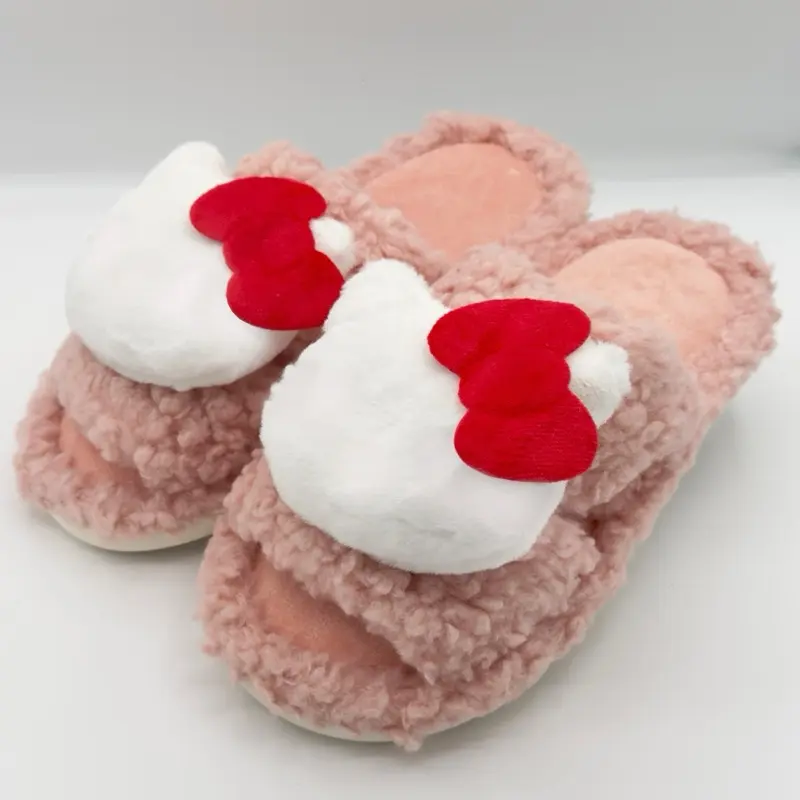 Pink Kitten Slippers with Cute Bow Kawaii Design Soft Plush Lining for Cozy Home Wear