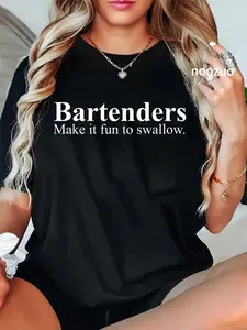 100% Cotton Unisex Bartender Make It Fun To Swallow T-Shirt Casual Graphic Printed Tee Casual Top