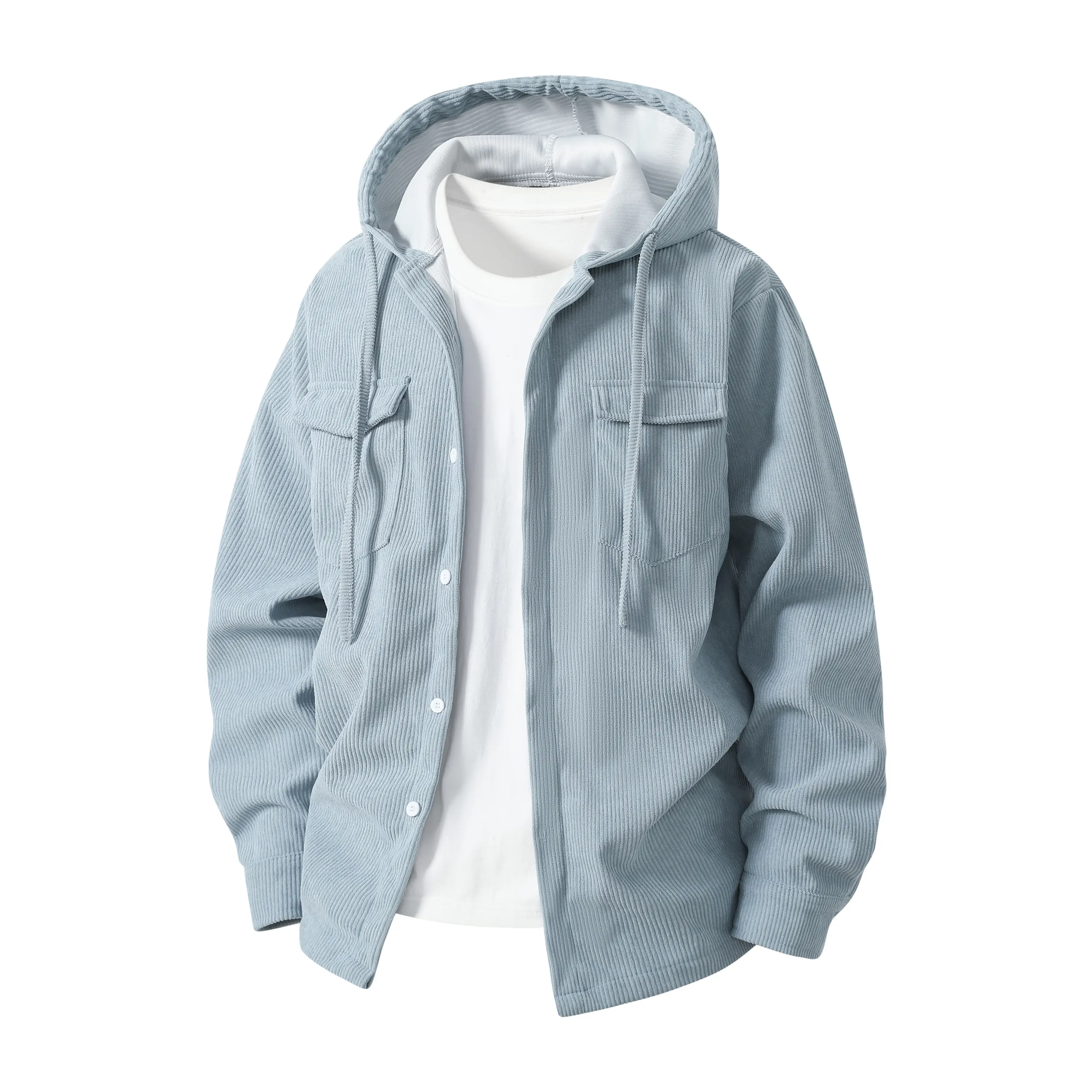 Men's Retro Corduroy Hooded Shacket - Lightweight Jackets & Coats, Casual Button Down, Chest Pockets, Loose Oversized Long Sleeve, Everyday Streetwear Menswear Top (Long-Sleeve Hooded Men's Lightweight Jacket)