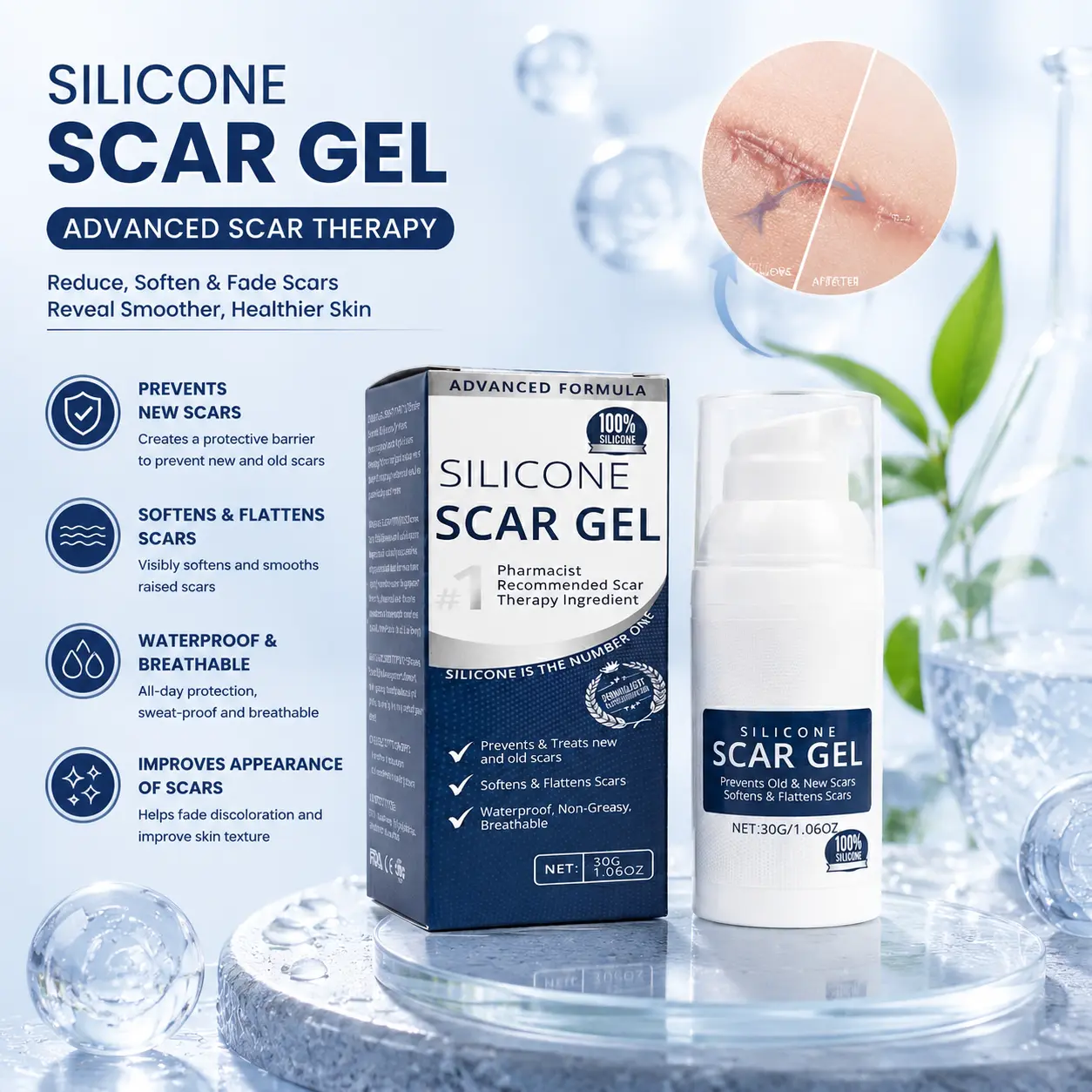 Professional Scar Removal Gels, Advanced Silicone Scar Removal Cream for Burn,Acne Old Scar Removal Cream for Face & Body | Fades Dark Scars