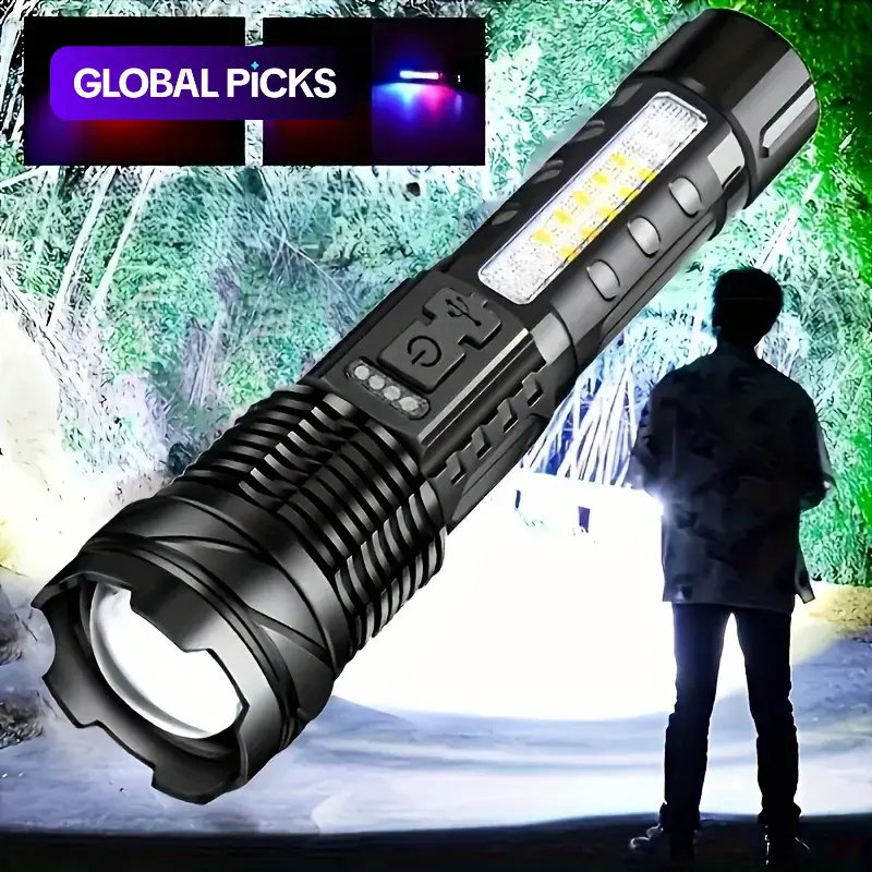 LED Torch, Portable Illumination Flashlight with Zoom, High-Lumen Super Bright Light Zoomable Multifunctional USB Rechargeable Flashlight, Handheld Tactical Torch for Camping and Hiking Outdoors, Camping Essentials #GLOBAL PICKS