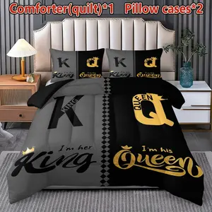 King & Queen Bedding Set, Colorblock Letter Pattern Quilt Combo (1 Quilt + 2 Pillowcases), Soft Breathable, Digital Print, Home Use