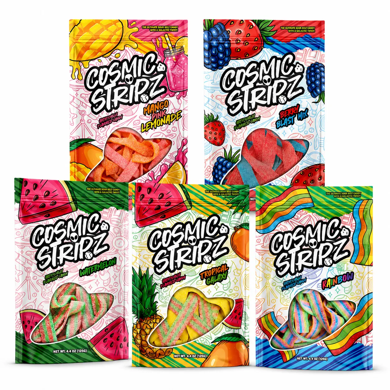 Sour Belts Candy Variety Pack 5 Bags - Cosmic Stripz Astro 5 Pack | Rainbow, Watermelon,Strawberry Blue Raspberry, Mango Pink Lemonade, Tropical Pineapple Mango Watermelon 4.4oz Resealable