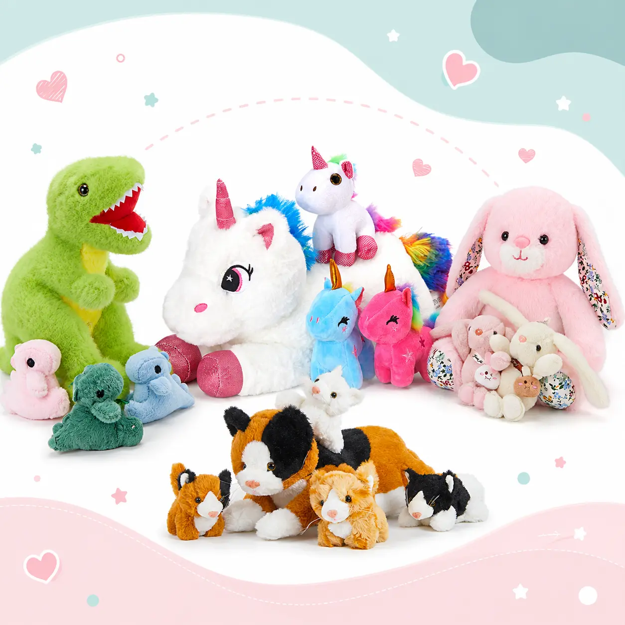 WEWILL 17" Unisex 5-Piece Kawaii Stuffed Animals Set - Parent Plush (Dinosaur, Rabbit, Cat, Unicorn) with 4 Babies, Soft Huggable Kitty Surprise Toy, Warm Gift for Kids