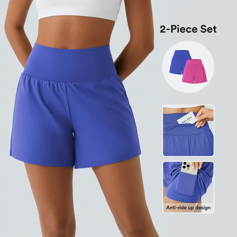 Halara 2-Piece Super High Waisted Back Pocket & Side Hidden Pocket 2-in-1 Yoga Shorts Set 5''-Longer Length