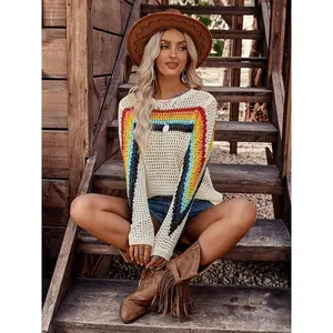 Women’s rainbow striped knit pullover, spring and autumn long-sleeved crewneck casual top, elegant everyday wear GARMENTARY