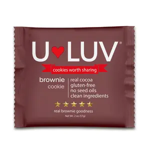 U-LUV Brownie Cookie 4 Pack: Rich chocolate brownie flavor in a soft-baked cookie. Thick, fudgy, and made to satisfy real dessert cravings. Gluten-Free • Top 14 Allergen-Free • Seed Oil-Free • No Food Dyes • No Preservatives