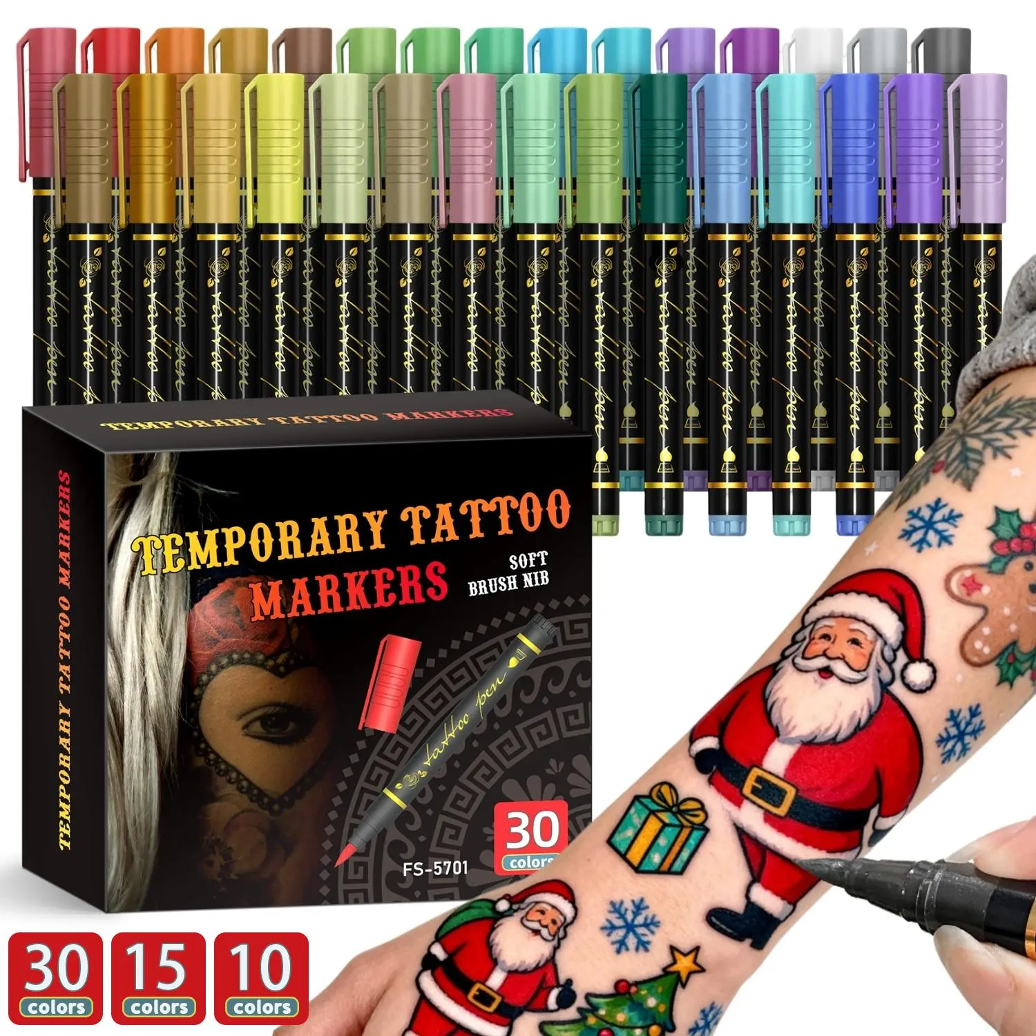 Temporary Tattoo Marking Pen Set, 10-Piece Body Marker Pens, 10 Colors, Flexible Brush Heads, Flexible Brush Tip, Vibrant Colors, High Pigment, Face Painting Kit, Holiday Makeup Supplies
