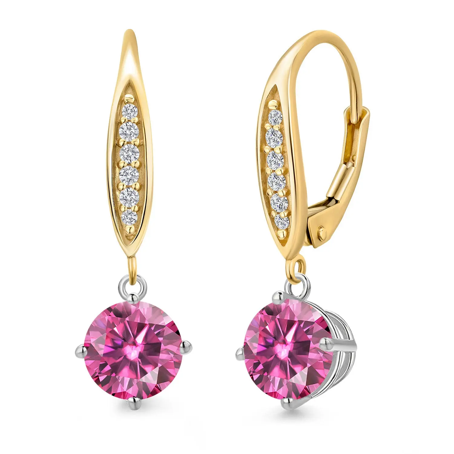 925 Silver and 10K Yellow Gold Pink Moissanite and Lab Grown Diamond Dangle Earrings for Women | 2.09 Cttw | Gemstone Birthstone | Round 6.5MM