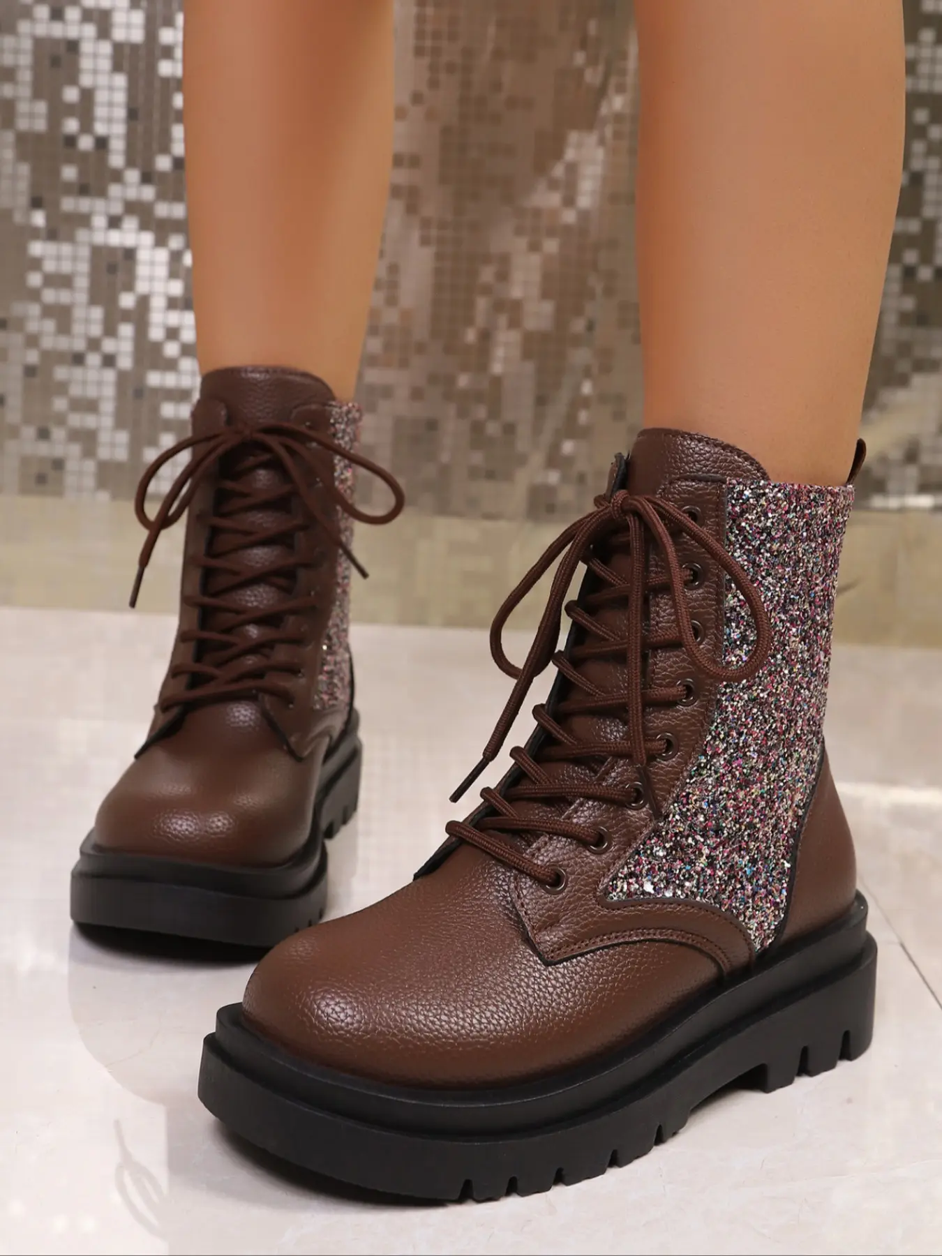 Women's Silver Glitter Combat Boots with Lace - Up Design, Chunky Platform Sole, Stylish & Edgy Footwear for Fashion - Forward Looks, Versatile Boots for Casual or Night Out Occasions