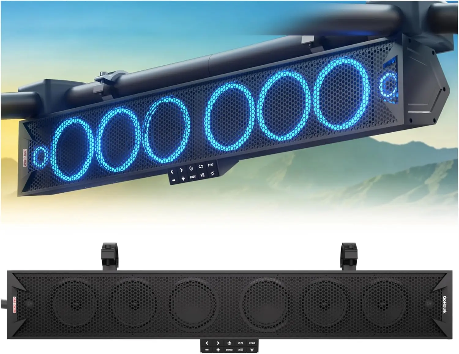 GoHawk 34 Inch UTV Sound Bar, 8-Speaker Bluetooth ATV Sound Bar with RGB Lights, IP66 Waterproof SXS & Golf Cart Sound bar Compatible with Polaris RZR Can-Am w/FM Radio, Fits 1.5"–2.25" Roll Cages