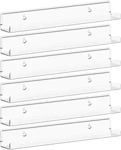 Narrow Floating Shelves for Vinyl Record 6 Pack, 12" Clear Wall Shelves for Nail Polish/Book/Picture/Makeup, Acrylic Wall Display Shelf Organizer for Bedroom, Living Room, Bathroom Decor