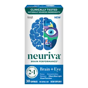 NEURIVA Brain + Eye Supplement For Memory, Focus & Concentration with Lutein & Vitamins A C E and Zinc for Eye Health & Zeaxanthin to Filter Blue Light, 30ct Capsules