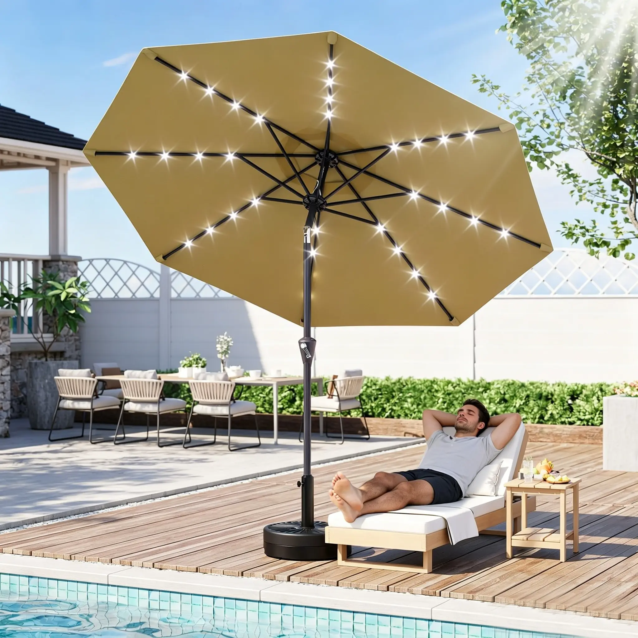 Garvee Modern 9FT (300cm) Sturdy Outdoor Umbrella with Solar LED Lights, 8-Rib Heavy-Duty Frame, 30° Dual Tilt, Easy-to-Use Crank Lift, Weather-Resistant Sun Protection Parasol for Garden, Balcony, Outdoor Umbrellas