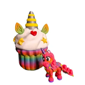 Rainbow Flexi Unicorn w/ Cupcake Box 3D Printed with Vibrant Colors and Adorable Design