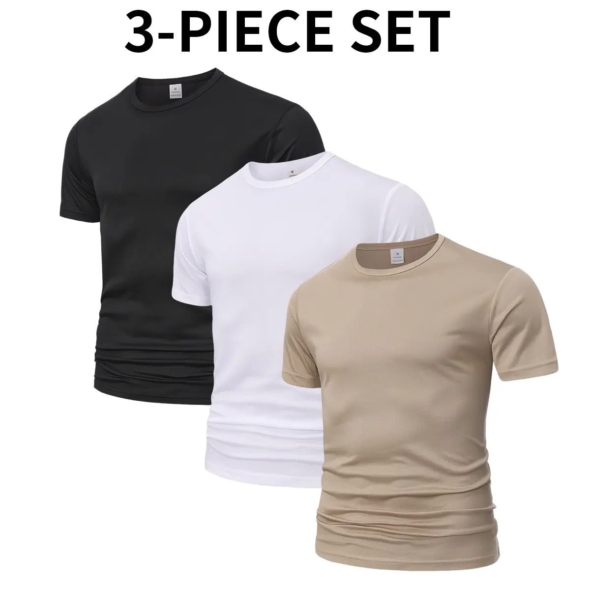 Male 3PCS Quick-Dry Moisture-Wicking Polyester Crew Neck Short Sleeve Sports Shirts - Non-See-Through, Durable, Comfortable Tops for Fitness, Hiking, Light Outdoor Use