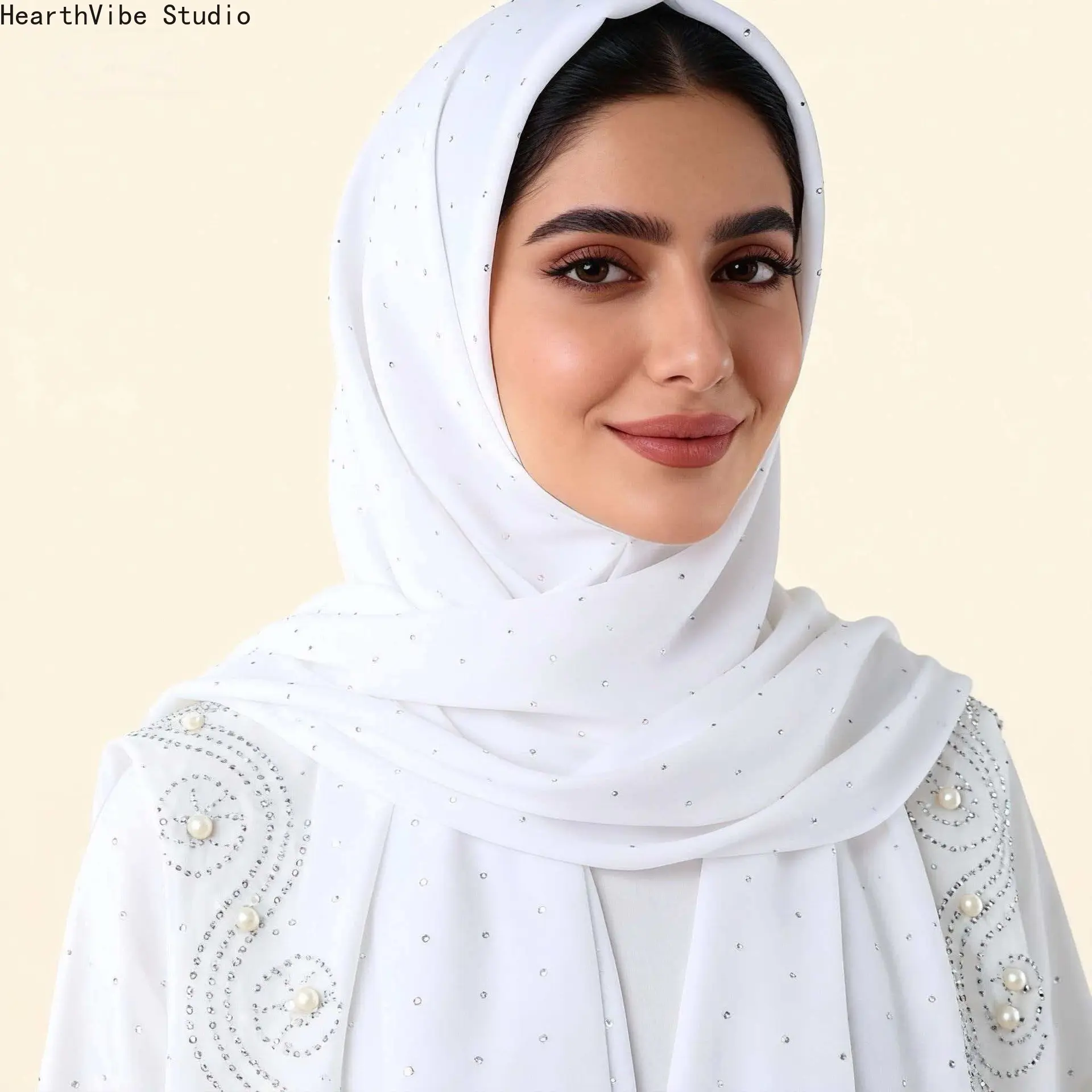 Elegant White Chiffon Sports Hijab with Pearl Floral Embroidery, Sparkling Rhinestones, Luxury Headscarf for Brides, Wedding Events, Sparkling Rhinestone, Modesty, For Muslim, Luxury Hijab, Pearl Flower Embroidery, Matching Head Scarf