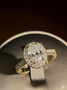 *PIGEON EGG*   Item#00000010 European 14K Gold Plated Halo Four-Prong Setting Oval-Cut Large White Cubic Zirconia Adjustable Fashion Ring (Center Stone 1.5 Carat, Ring Size 6.5 and Up)