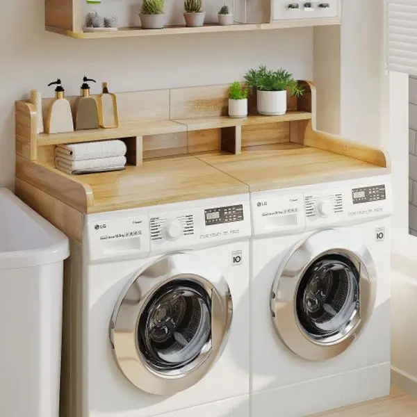 Natural Wood Laundry Room Washer Dryer Countertop - 54x27.5x12 Inches Stable No-Mounting Required Shelf, Waterproof MDF, Raised Edge to Prevent Falling, Supports Over 25 kg Indoor Storage Topper