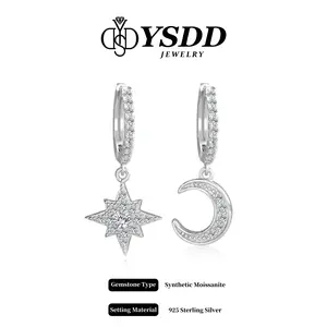 【#509 TAKE ME HOME】Ethereal Moon and Star Dangling Huggie vvs Synthetic Moissanite Earrings in 925 Sterling Silver