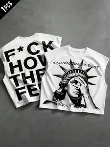Men's White Cropped Sleeveless Round Neck Tank Top, Statue of Liberty Print Graphic Crew Neck Tee, Casual Streetwear Top for Daily & Street Style Outfits