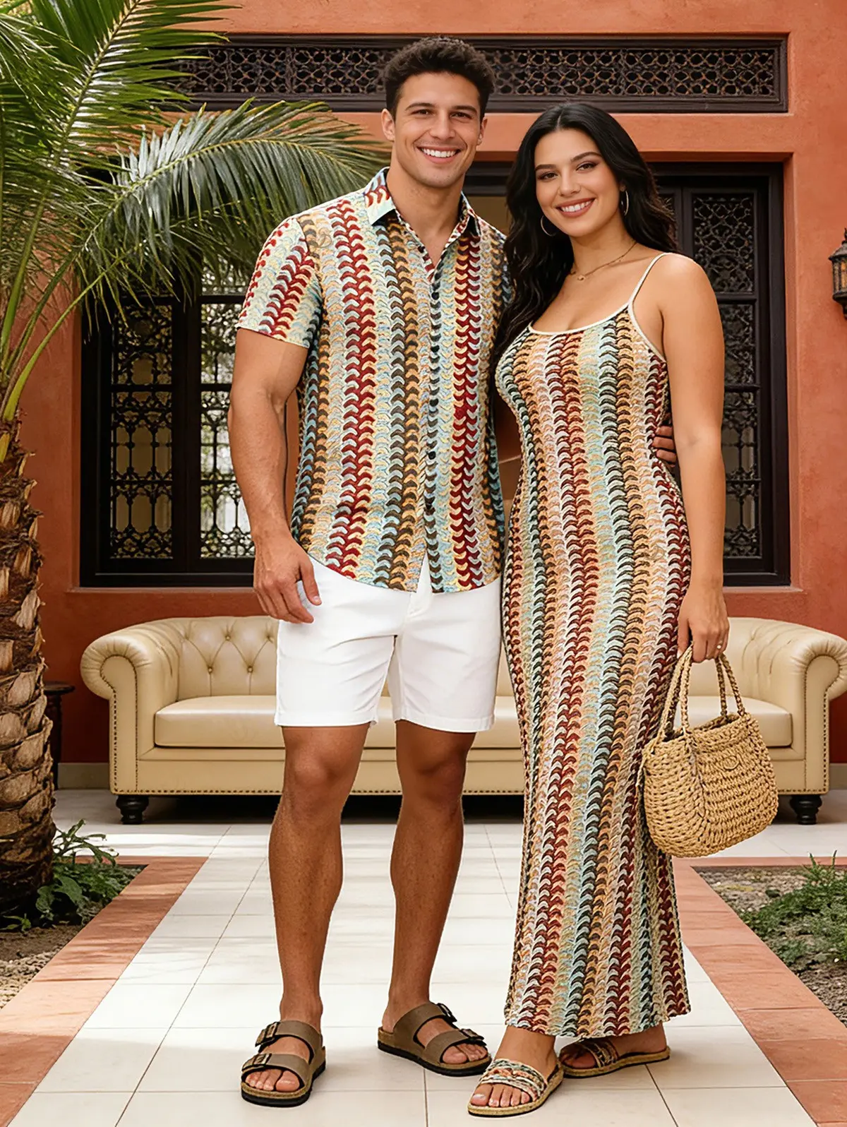 Bohemian Vacation Couple Outfit Colorblock Arrow Ethnic Print Bodycon Knitted Dress and Shirt Set