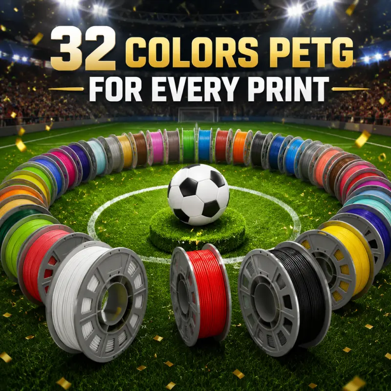 32 solid PETG 3D filament  per roll. Bright uniform solid colors, scratch-proof anti-yellow. Smooth print, no clogging. 32 full monochrome tones for all DIY 3D models, ideal supply for printing hobbyists. rainbow green purple blue high speed printing fdm