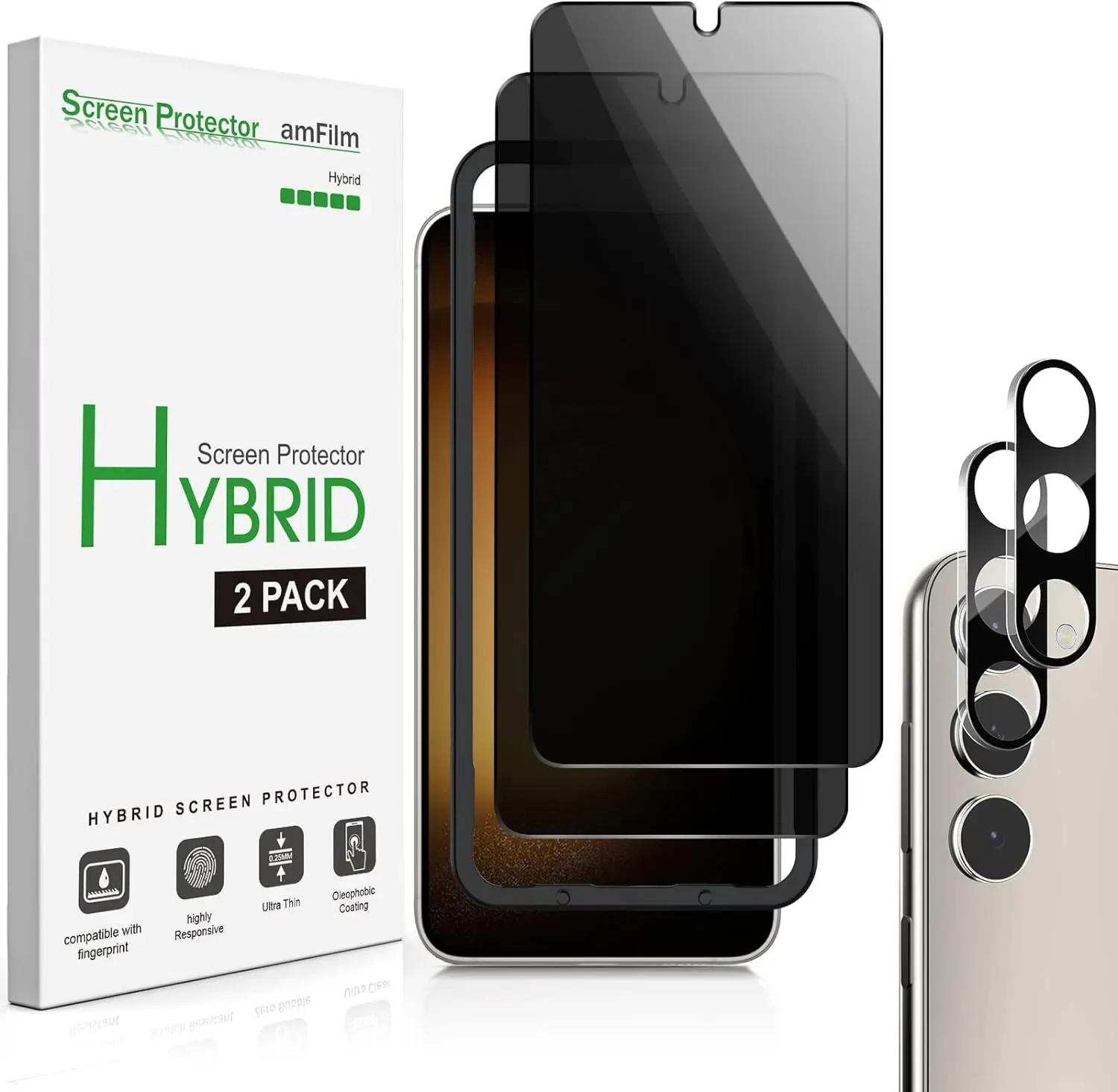 amFilm 2+2 Pack Samsung Galaxy S22/S22Plus/S23/S23Plus 6.1'' 6.6'' Privacy Screen Protector with Camera Lens Protector, Anti Spy Hybrid Film, Fingerprint ID Compatible, Easy to Installation.