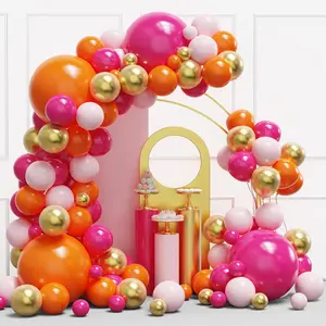 Pink & Orange Balloon Arch Kit – 134pcs Latex Balloons with Garland Strip & Glue Dots, DIY Hot Pink, Light Pink, Orange & Gold Party Decorations for Birthday, Anniversary, Graduation