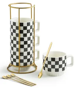 Stackable Coffee Mug Set of 4 with Rack 11 oz Tea Cup Set