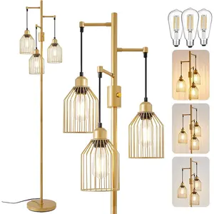 Dimmable Floor Lamp for Living Room, Farmhouse Floor Lamps with Elegant Hanging Cage, 3 x LED Edison Bulbs Included, 68.5" Industrial Standing Light for Bedroom Office  Decor ()