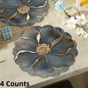 4 Counts Grey Floral Pattern Circular Placemat, Household Placemat - Kitchen Placemat, Anti Slip and Heat-resistant Polyester Table Mat, Placemats Machine Washable, Suitable for Restaurant, Kitchen, Home Decor
