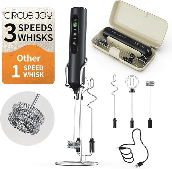 Rechargeable Milk Frother with Stand, 4 Interchangeable Whisks & Travel Case – Handheld Mixer for Lattes, Matcha, Hot Chocolate, Eggs & Protein Shakes