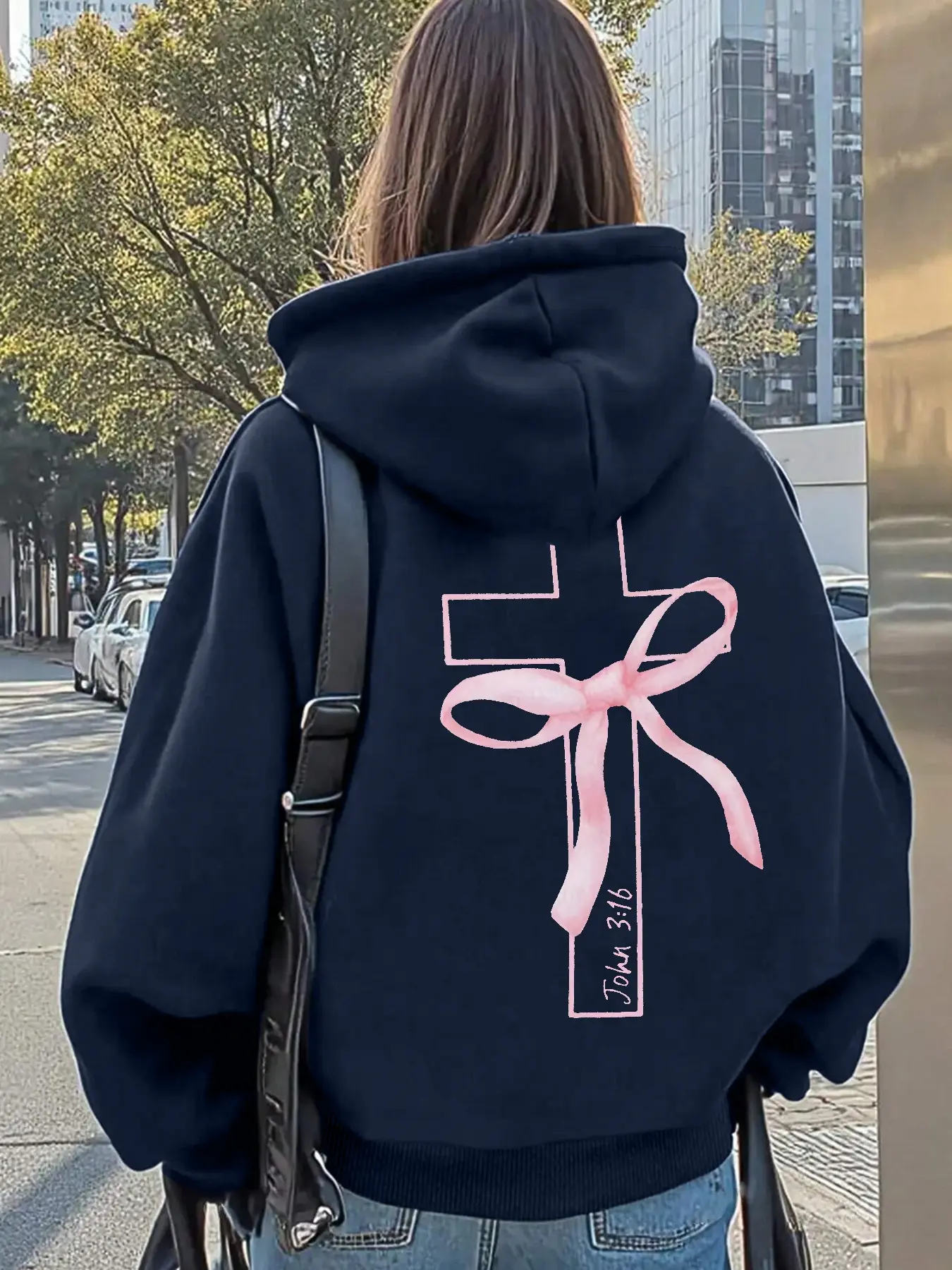 Women's Fitted Graphic Hooded Sweatshirts Long Sleeve with Pink Bow Cross Geometric Design and John 3:16 Print, Faith-Based Streetwear for Casual Fashion and Religious Apparel Womenswear
