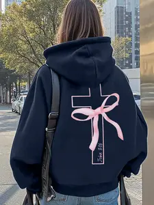 Women's Fitted Hoodie with Pink Bow Cross Geometric Design and John 3:16 Print, Faith-Based Streetwear for Casual Fashion and Religious Apparel