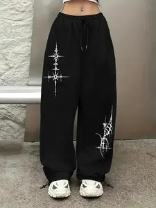 Women's Casual Cross Print Drawstring Sports Pants, Cross Print Sweatpants, Loose Fit Polyester Straight Leg, Elastic Waist, All Seasons, Casual Sportswear Pants