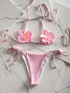 HIBOMARI Women's Solid Color Beaded Halter Tie Back Sexy Bikini Set With Pearl Decor Suitable For Beach Vacation Flower