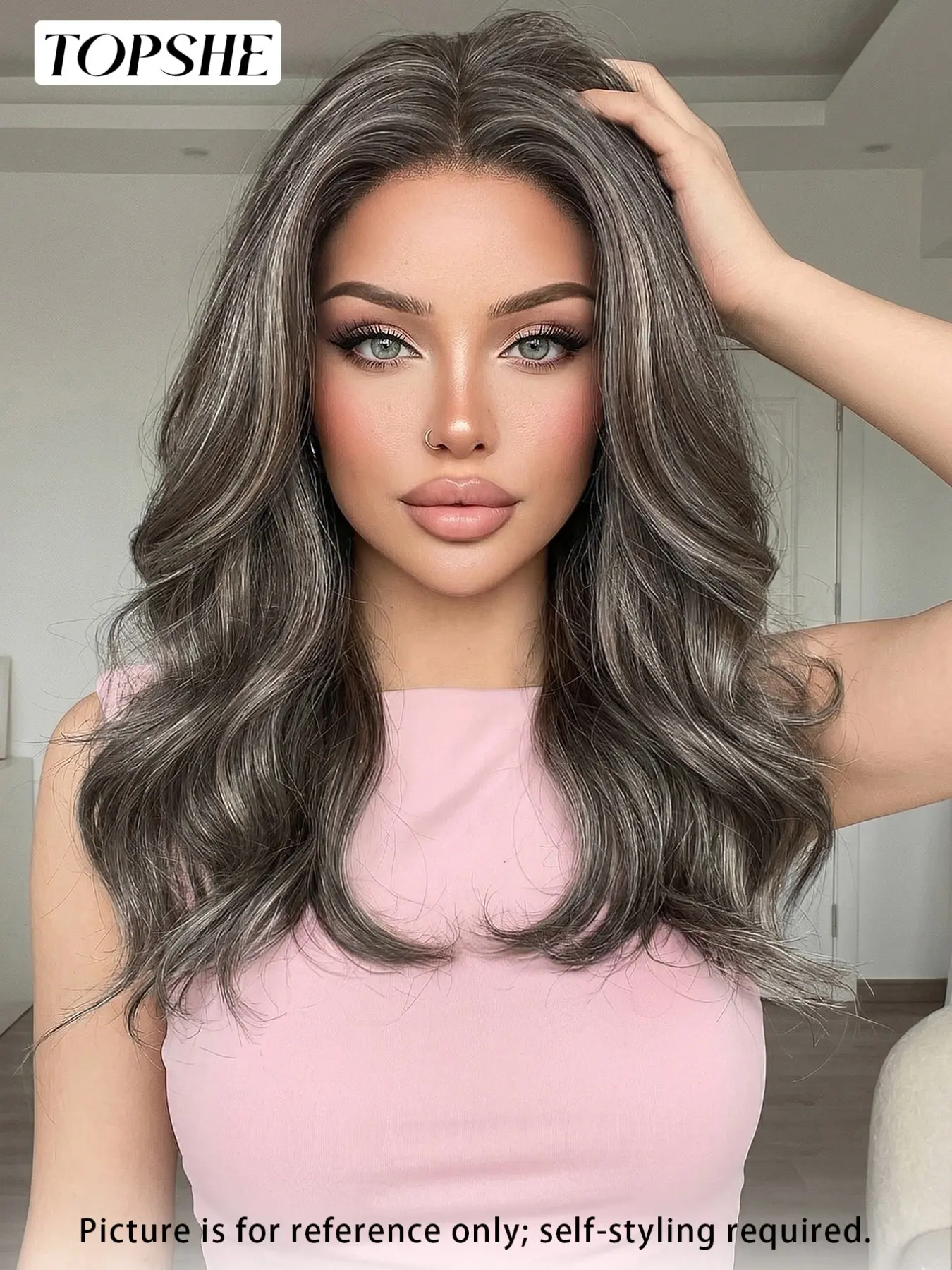 Topshe 13x4 Lace Front Wig, natural daily wig, Lace Wear Wigs, Ash Highlights Medium Wave, Natural Skin-Like Scalp, Heat-Resistant Synthetic Hair for Women