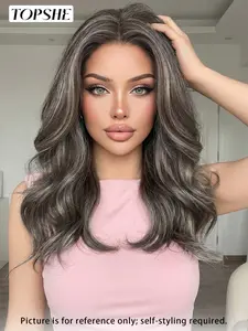 Topshe 13x4 Lace Front Wig, natural daily wig, Lace Wear Wigs, Ash Highlights Medium Wave, Natural Skin-Like Scalp, Heat-Resistant Synthetic Hair for Women