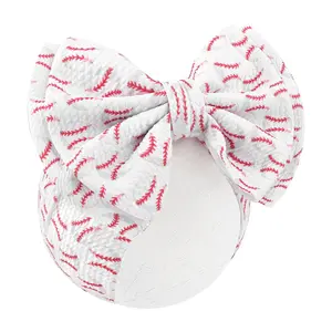 L-HDW001  Baseball Baby Bows Headbands Game Day Hair Bow High Stretchy Soft Nylon Headbands Handmade Hairbands with Bows Hair Accessories for Infant White Red