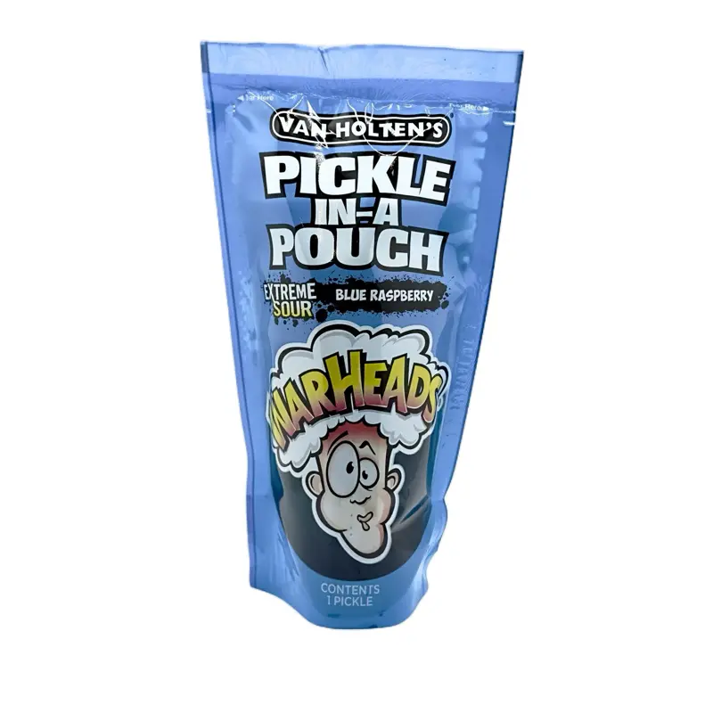 Van Holt's Warheads Extreme Sour Blue Raspberry Low-Fat Flavored Pickle Pouch, Jumbo-Sized Pickled Cucumber, 6-Month Shelf Life Tangy Non-Kimchi Pantry Snack Food (Pickles in a Pouch)