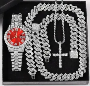 MaxBling81 Men's Hip Hop Luxe Quartz Watch & Iced Cubans Accessories Set - Red Face, Silver-Plated Cubic Zirconia, Adjustable Cuban Chain, Bracelet, Cross Necklace, Included Battery, Gift Box