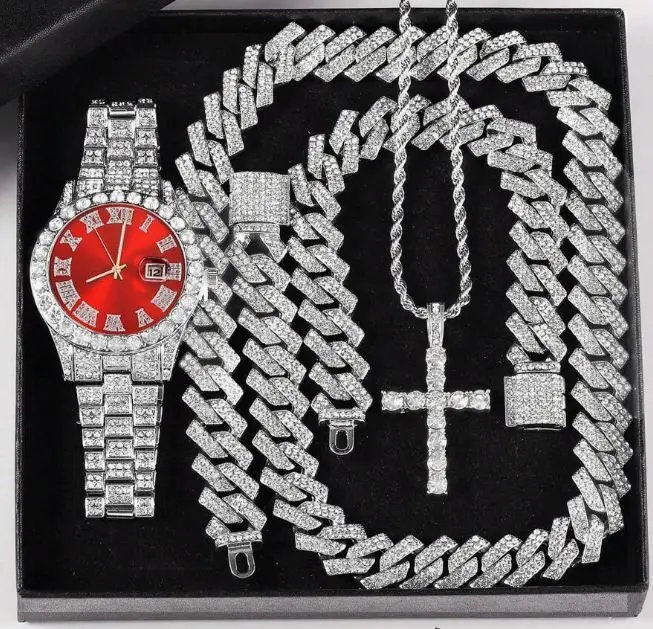 MaxBling81 Men's Iced Look Accessories Set - Silver-Plated Quartz Movement Watch with Red Face, Adjustable Cuban Bracelet, Cross Pendant Necklace with Diamond Accents, Cubic Zirconia, Analog, Adjustable Chain, Battery, Casual, Diamond Embellished Quartz W