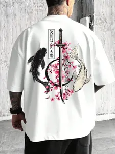 Men's Oversized Koi Samurai Sword Sakura T-Shirt, Japanese Street Style Streetwear Short Sleeve, Yin Yang & Sakura Print, Summer Fashion