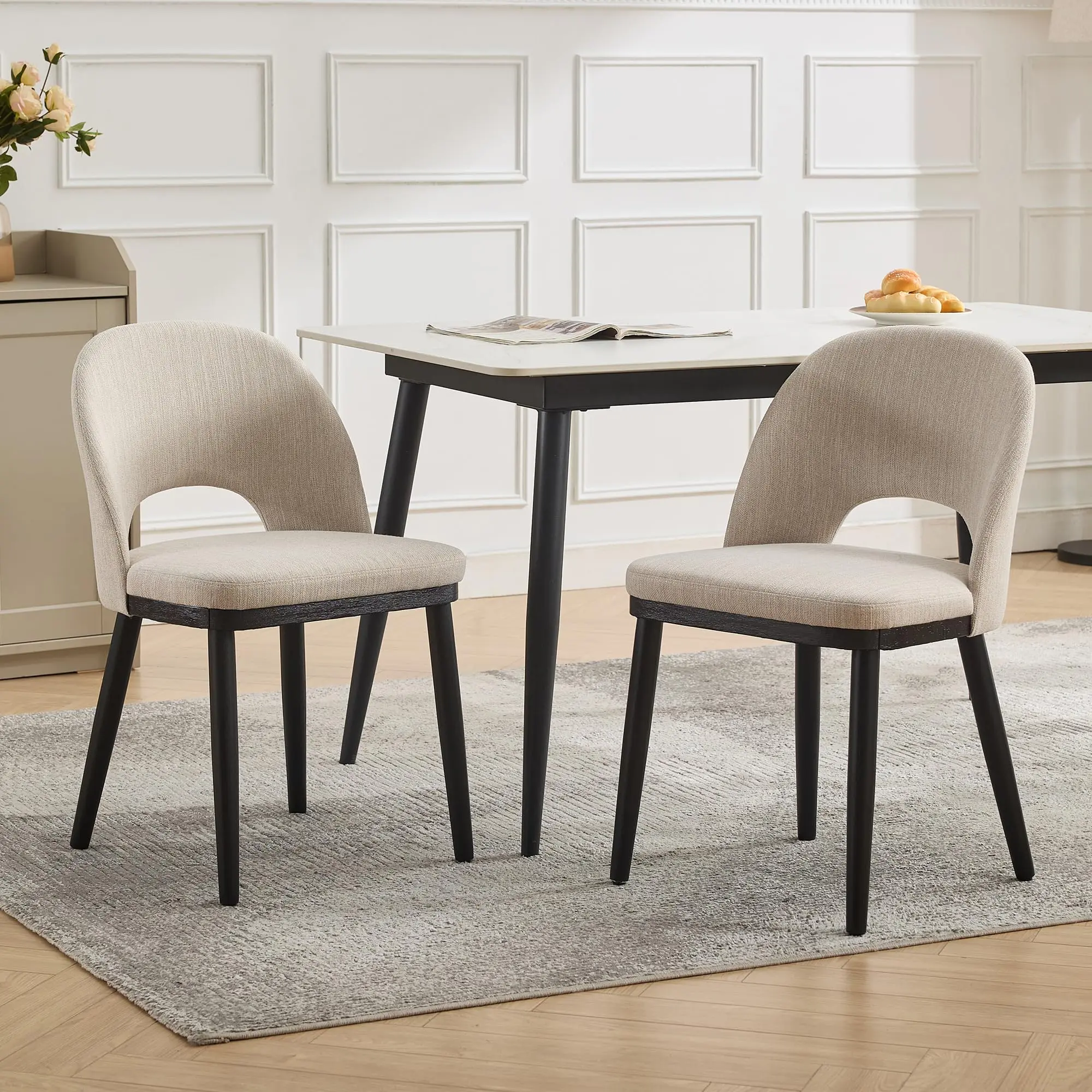 Garvee Set of 2 Modern Upholstered Dining Chairs with Thick Cushioned Seat, Curved Backrest, Sturdy Wood Legs, Available in Linen or Fabric, Multiple Colors for Dining Room, Living Room, Restaurant, or Cafe