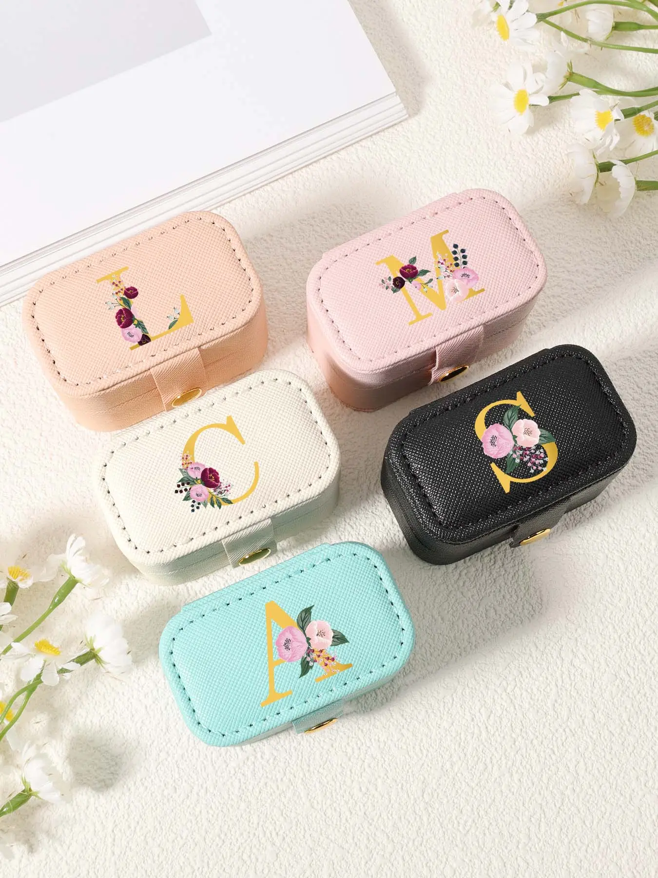 Floral Pattern Initial Letter Label Design Jewelry Box, Travel Organizer for Rings and Earrings, Compact, Lightweight, and Durable Storage Solution for Home and on-the-Go