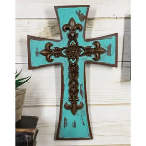 Rustic Southwestern Tuscany French Fleur De Lis Antiqued Turquoise Wall Cross