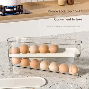 2026 New Space-Saving Rolling Egg Holder for Fridge, Double-Layer Transparent Egg Storage Tray, Elegant Look Perfect for Refined Single Living and Cozy Couple Small Families