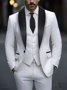 Manfinity AFTRDRK Men's Contrast Color Shawl Collar Long Sleeve Blazer And Pants Business Formal Suit Set White Suit Men White Blazer & Pants Party Suit Wedding Suit